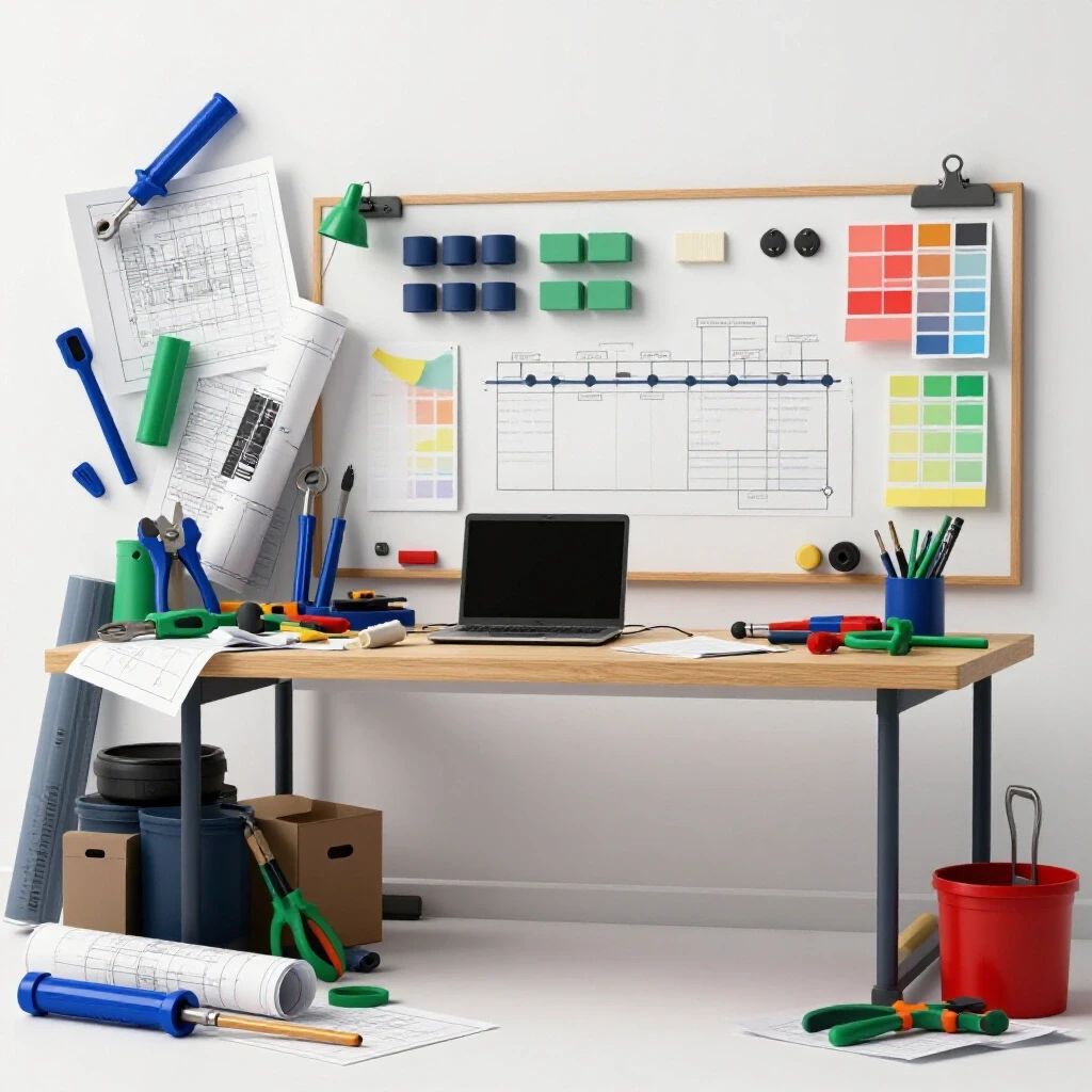 A visual contrast of a chaotic workspace with scattered tools and plans beside a calm, organized project board with materials and a timeline, creating an engaging planning theme.