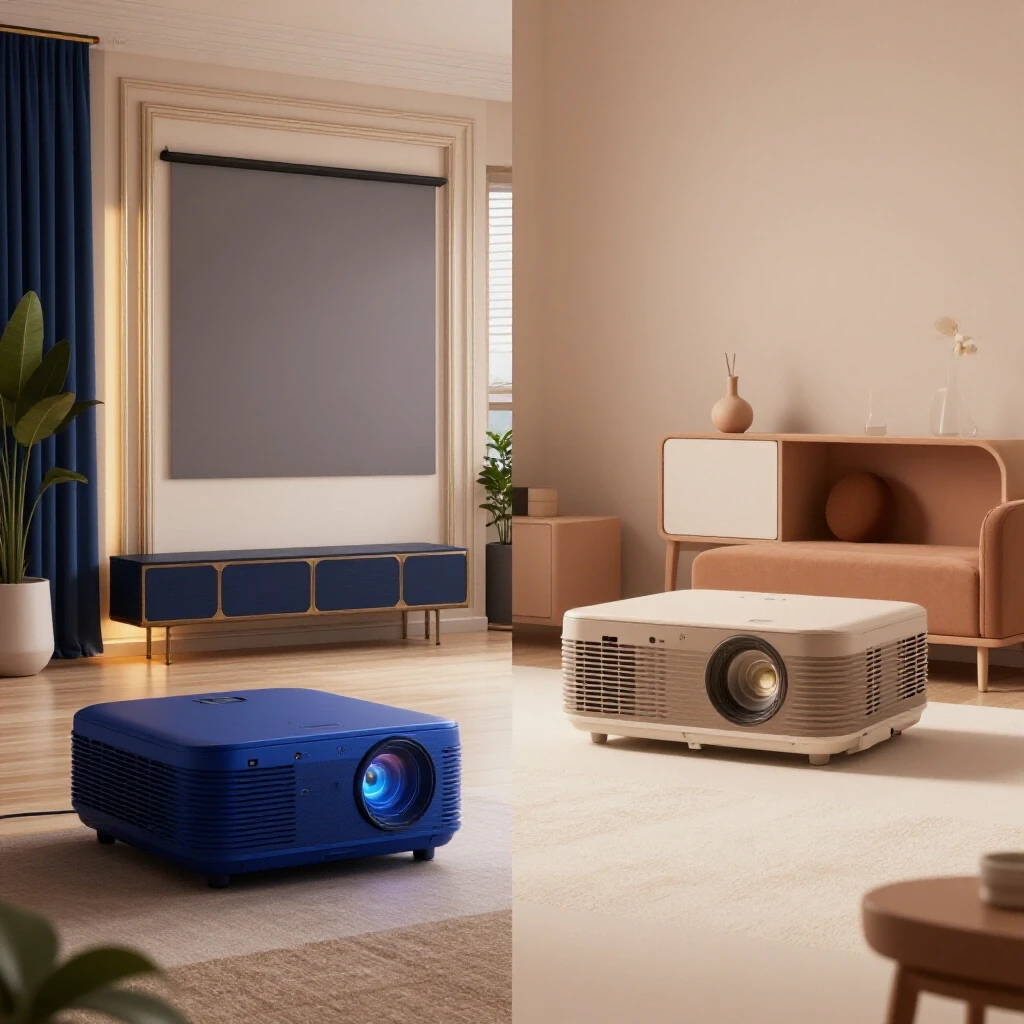 A visually striking split scene featuring an elaborate high-end projector setup on one side and a minimalist DIY projector setup on the other, showcasing the cost spectrum of projector setups.