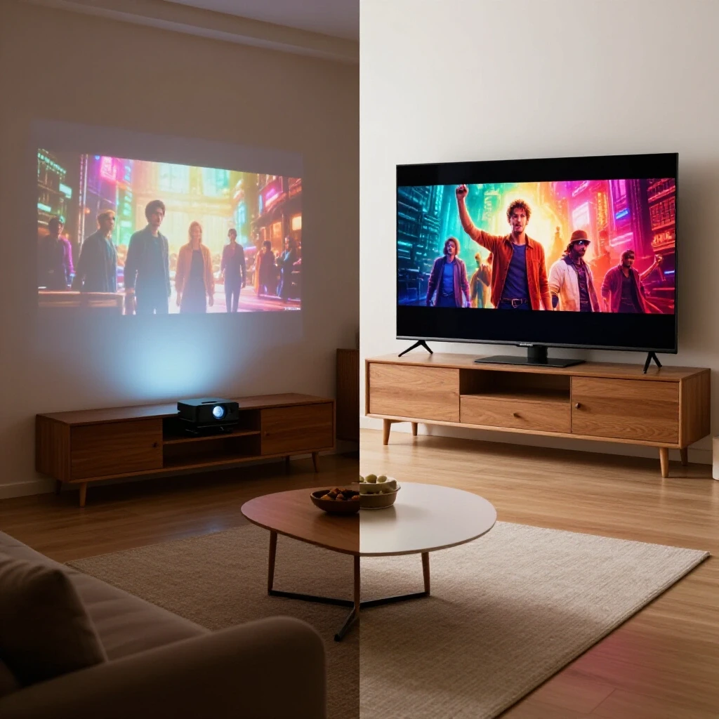A split-screen comparison of a cozy living room with a projector on one side and a bright room with a TV set on the other side, highlighting movie night experiences.