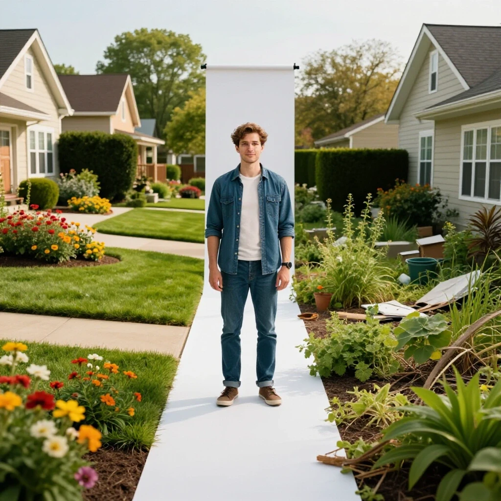 A split-image showcasing a well-maintained neighborhood and a chaotic yard, contrasting serene and untamed living environments.