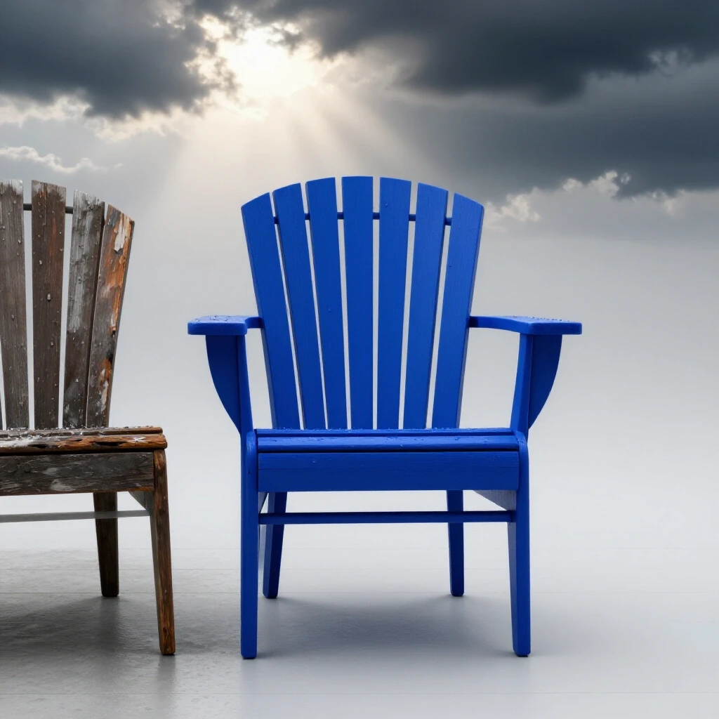 A vibrant patio scene showcasing a pristine blue chair next to a weathered chair, evoking curiosity about weather protection methods.