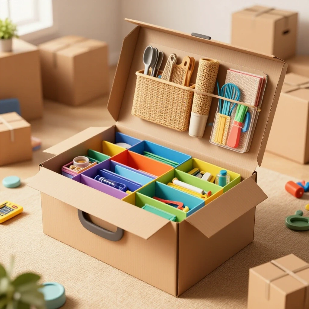 An organized moving box with colorful compartments holding storage tools, contrasted by a chaotic room.