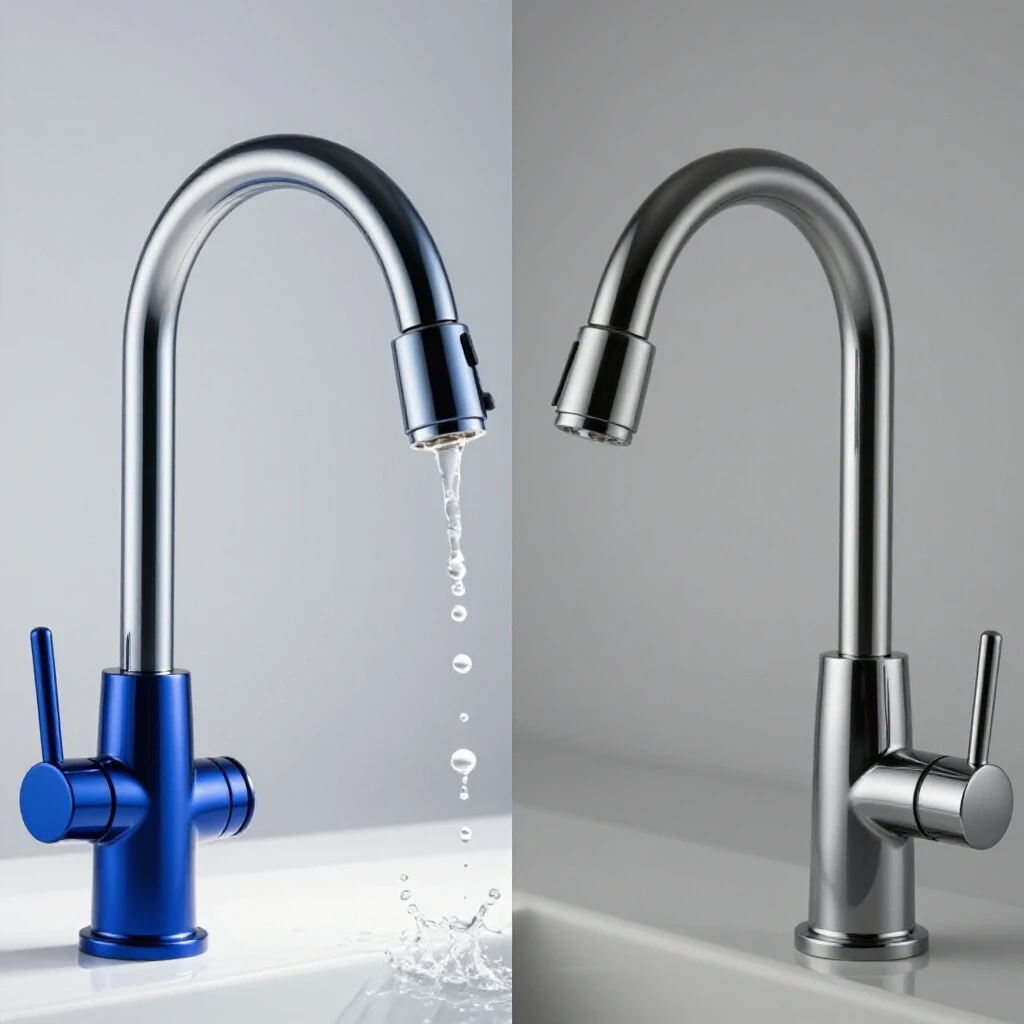 A split-screen image featuring a sleek pull-down faucet and a traditional standard faucet, highlighting their design differences with soft water droplets.
