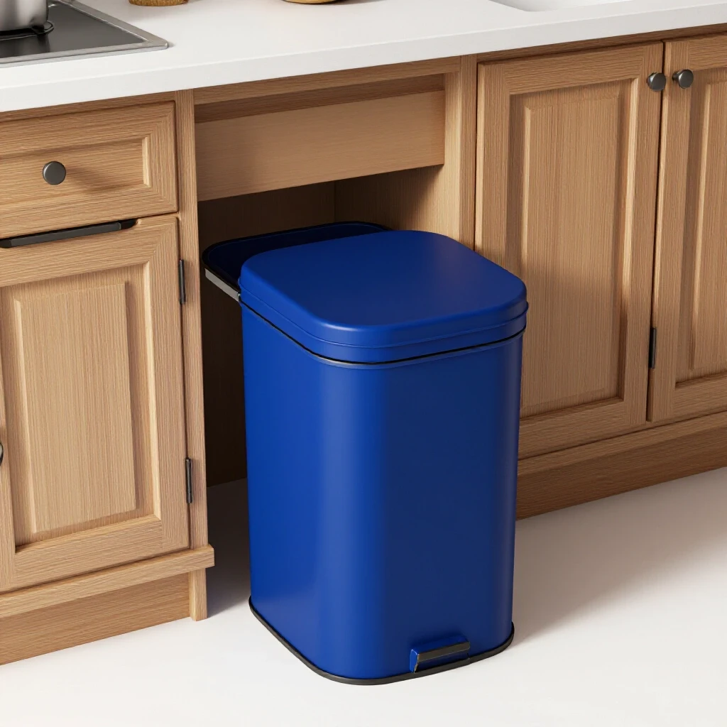 A 3D rendering contrasting a modern pull-out trash bin and a traditional cabinet bin, highlighting organization and design features in a kitchen setting.