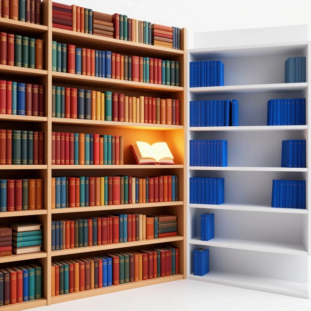 A vibrant bookshelf transitions from clutter to a minimal shelf with a single glowing book, symbolizing decluttering.