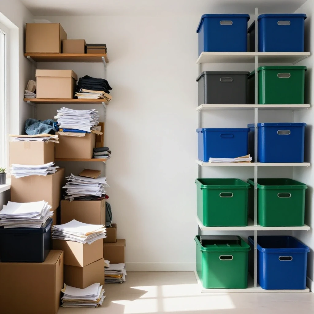 A visual comparison of a cluttered room and a well-organized space showcasing home organization transformation.