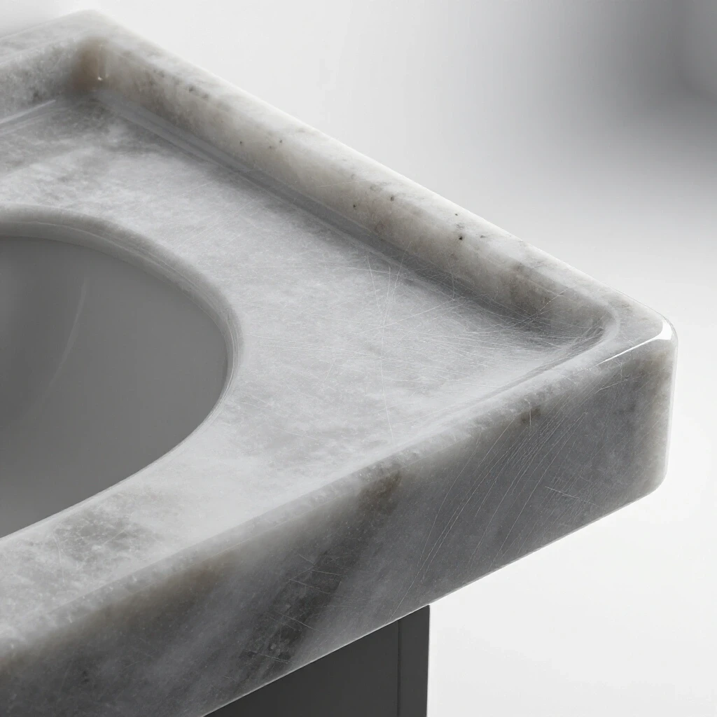Close-up view of a glossy quartz vanity top showing texture differences with one side scratched and the other pristine.