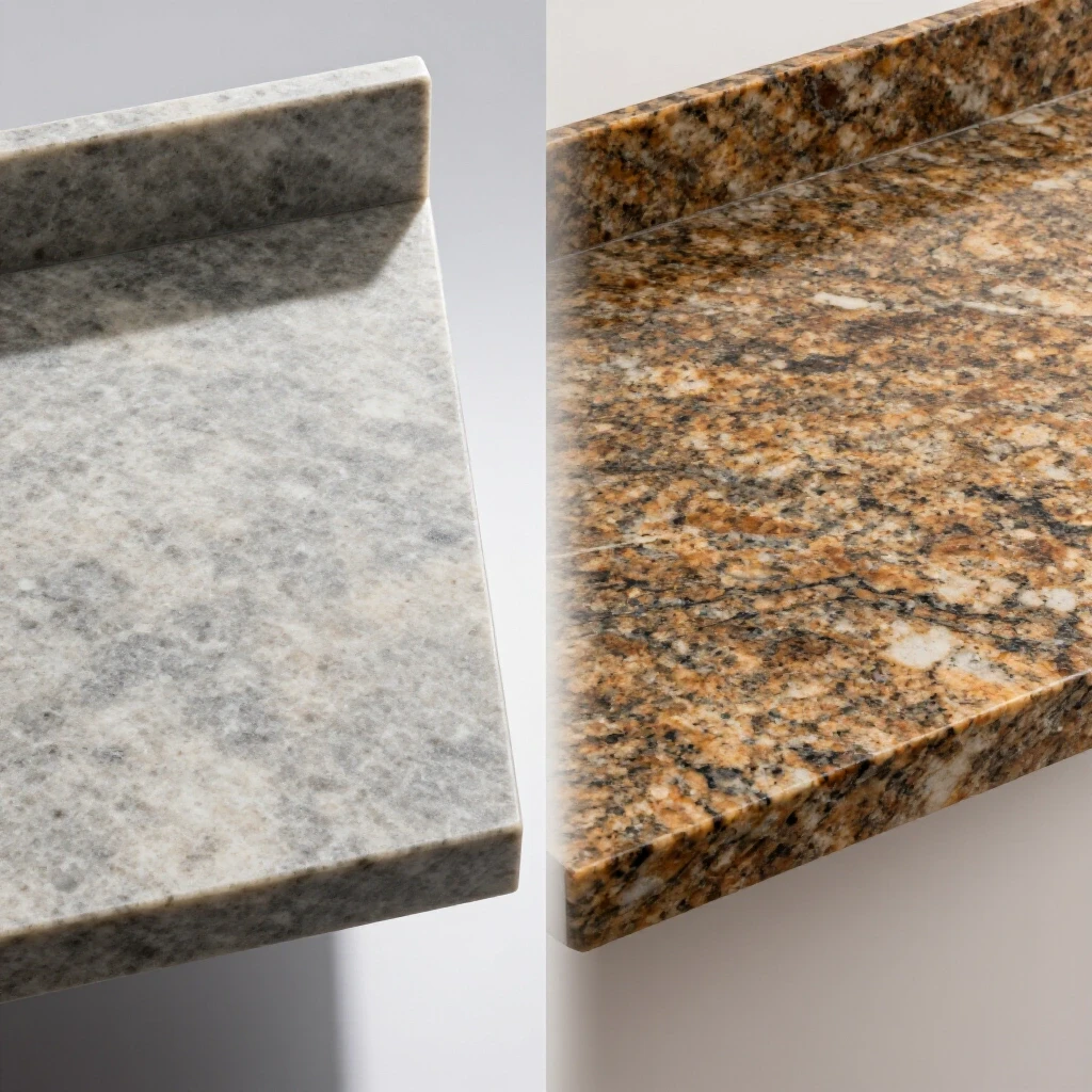 Split image comparing a polished quartz countertop and a rugged granite countertop, with bright studio lighting.