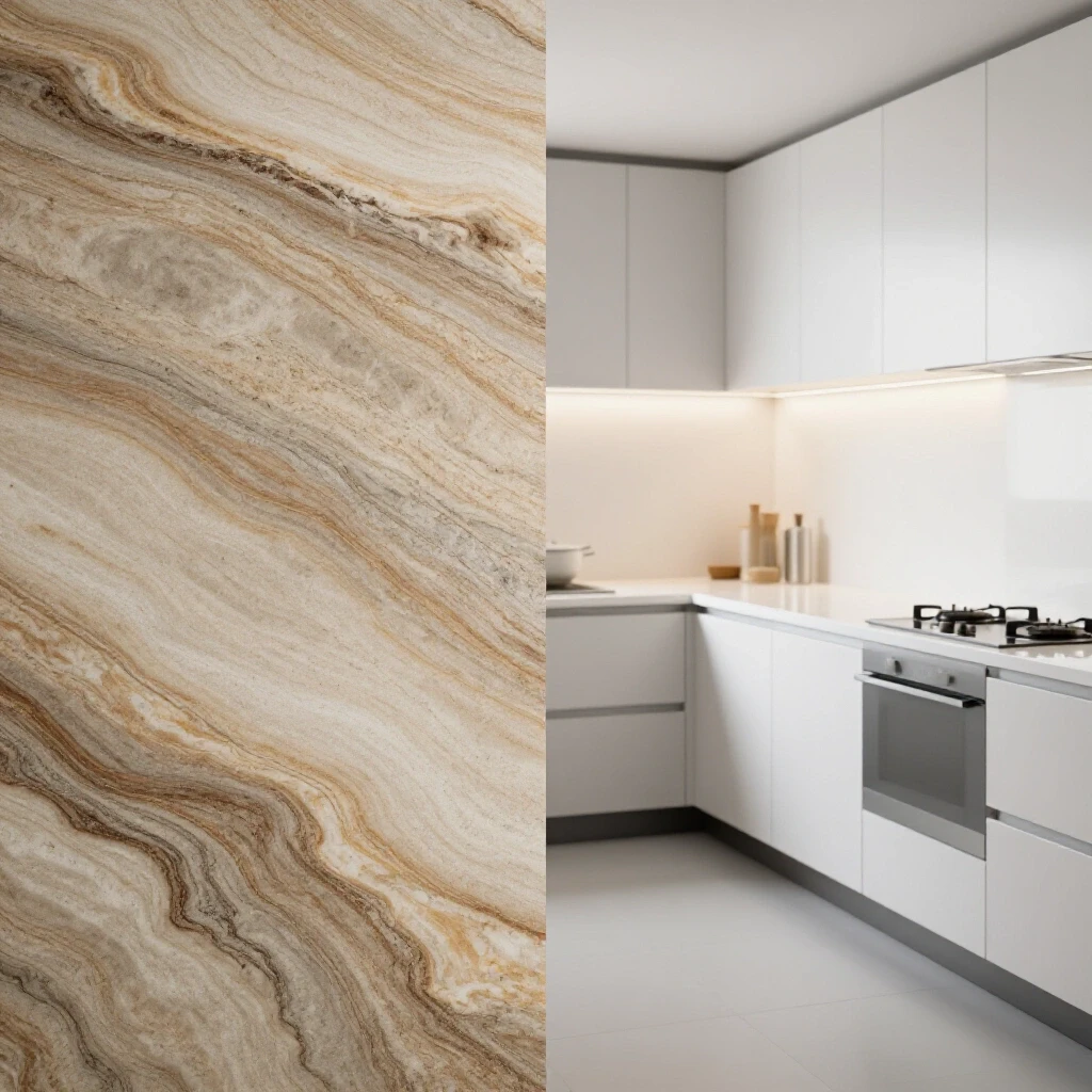 A split-screen image comparing quartzite and quartz kitchen surfaces, highlighting their textures and colors.