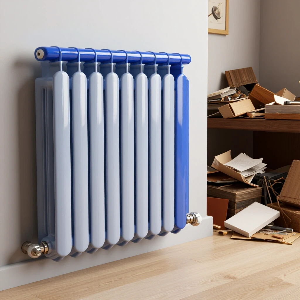 A sleek royal blue radiator cover contrasted with a messy interior setting, illustrating DIY home decor transformation.