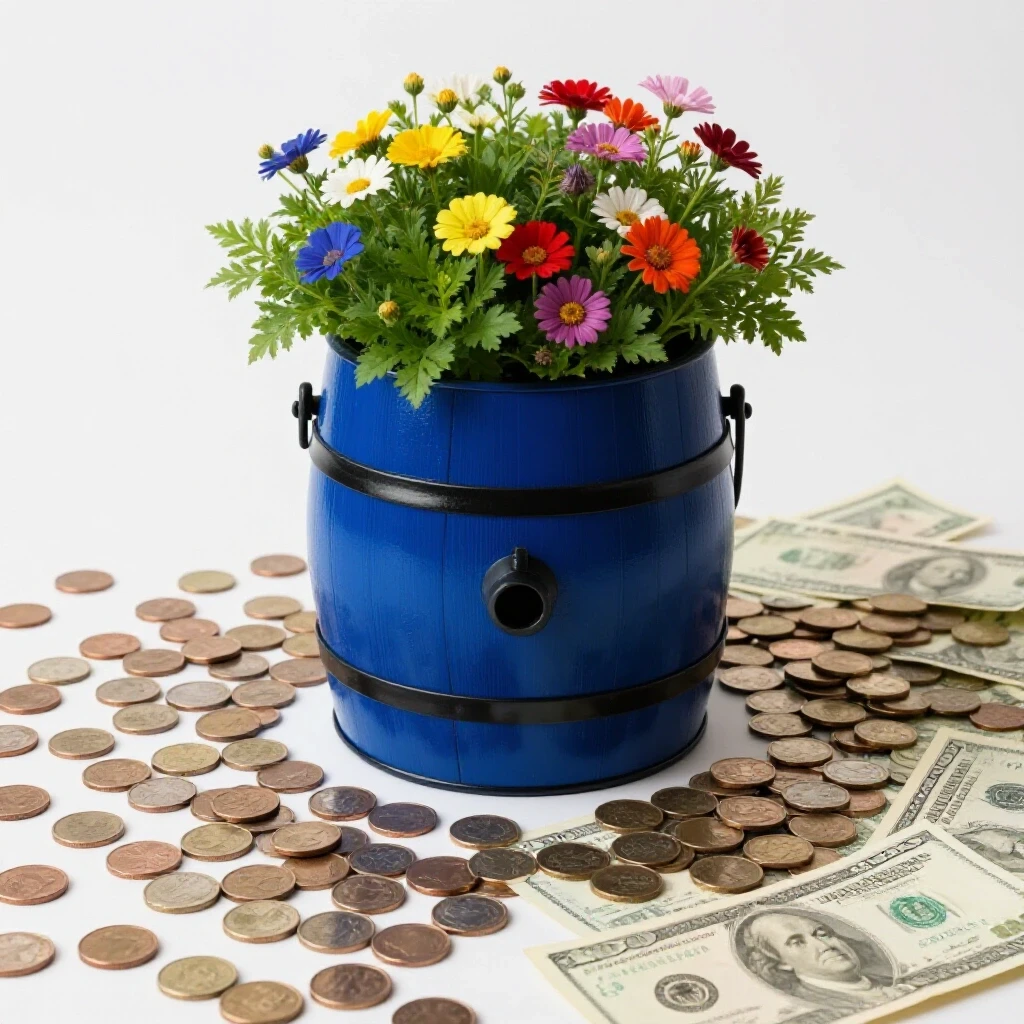 A visually striking split image of a vibrant rain barrel with flowers contrasting against fading coins and bills, symbolizing savings and expenses.
