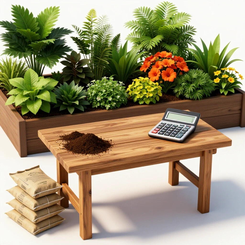 A vibrant raised garden bed with lush plants next to a rustic table holding soil bags and a calculator.