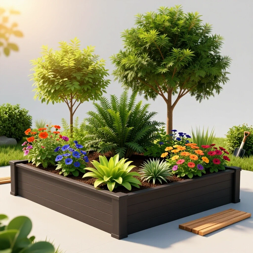 A vibrant raised garden bed filled with rich plants and flowers, complemented by gardening tools in a sunny backyard.