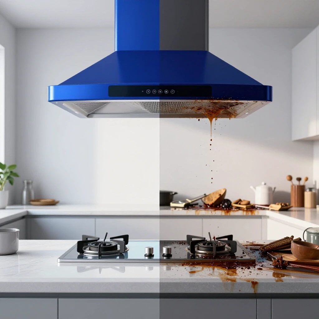 A split image comparing a modern range hood in a clean kitchen and a greasy kitchen without a hood, showcasing effectiveness in grease removal.