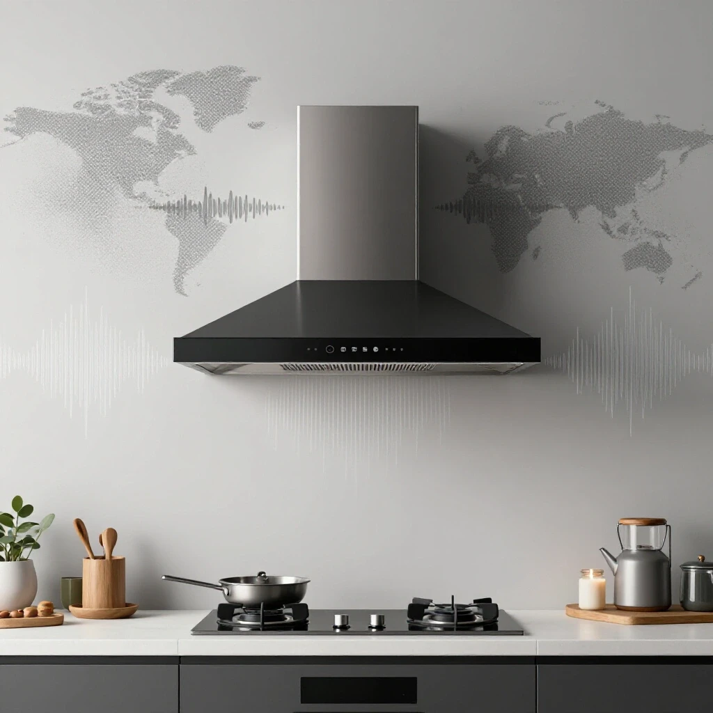 A modern kitchen featuring a stylish range hood contrasted with a cluttered environment, illustrating noise reduction.