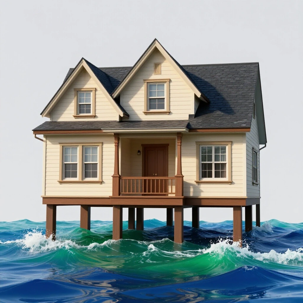 A beautifully restored home elevated on stilts surrounded by turbulent floodwaters, showcasing resilience and innovative design.