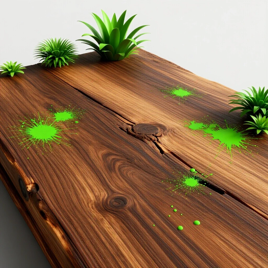 Close-up of textured reclaimed wood with green plants and paint splatters, symbolizing renovation and creativity.