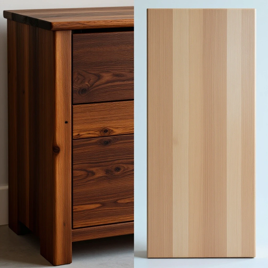 A comparison image displaying rustic reclaimed wood furniture alongside sleek new wood furniture, highlighting their textures and styles.