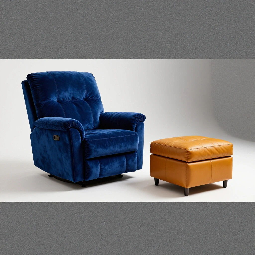 Luxurious recliner in deep royal blue plush fabric next to stylish amber leather ottoman on a clean white background.