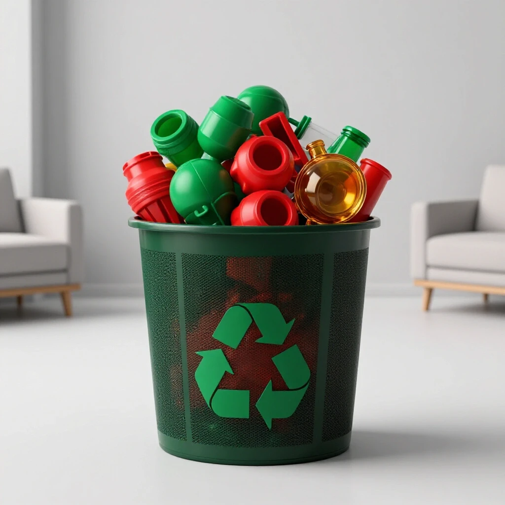 An overflowing recycling bin filled with bright recyclables against a minimalist, well-lit home interior, illustrating home organization.