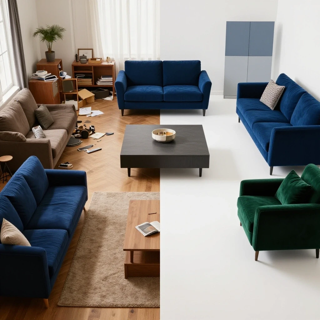 A split-screen image showcasing a cluttered living room on one side and a beautifully redesigned living space on the other, demonstrating the potential for layout improvement.