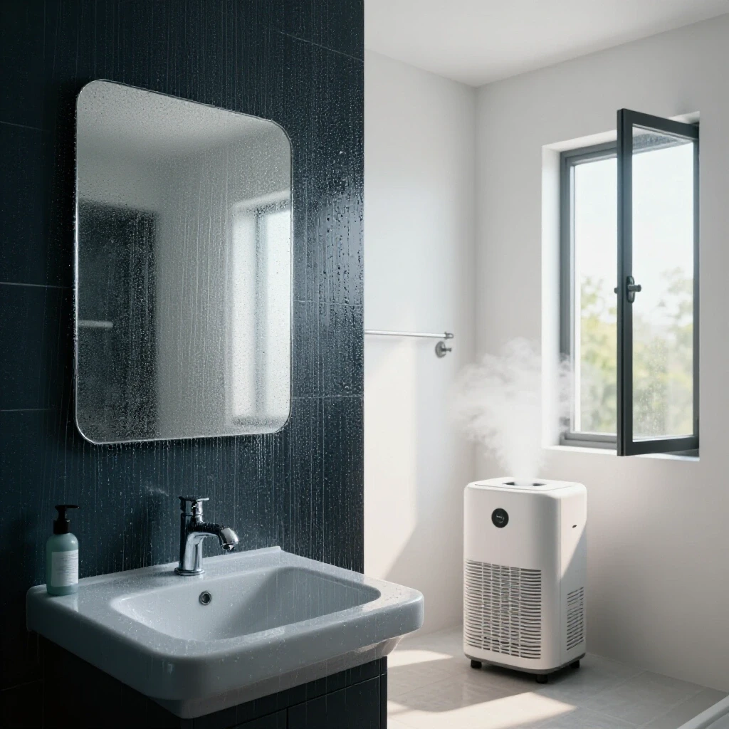 A split bathroom scene showing one side with foggy mirrors and moisture, and the other bright with a dehumidifier and open windows.