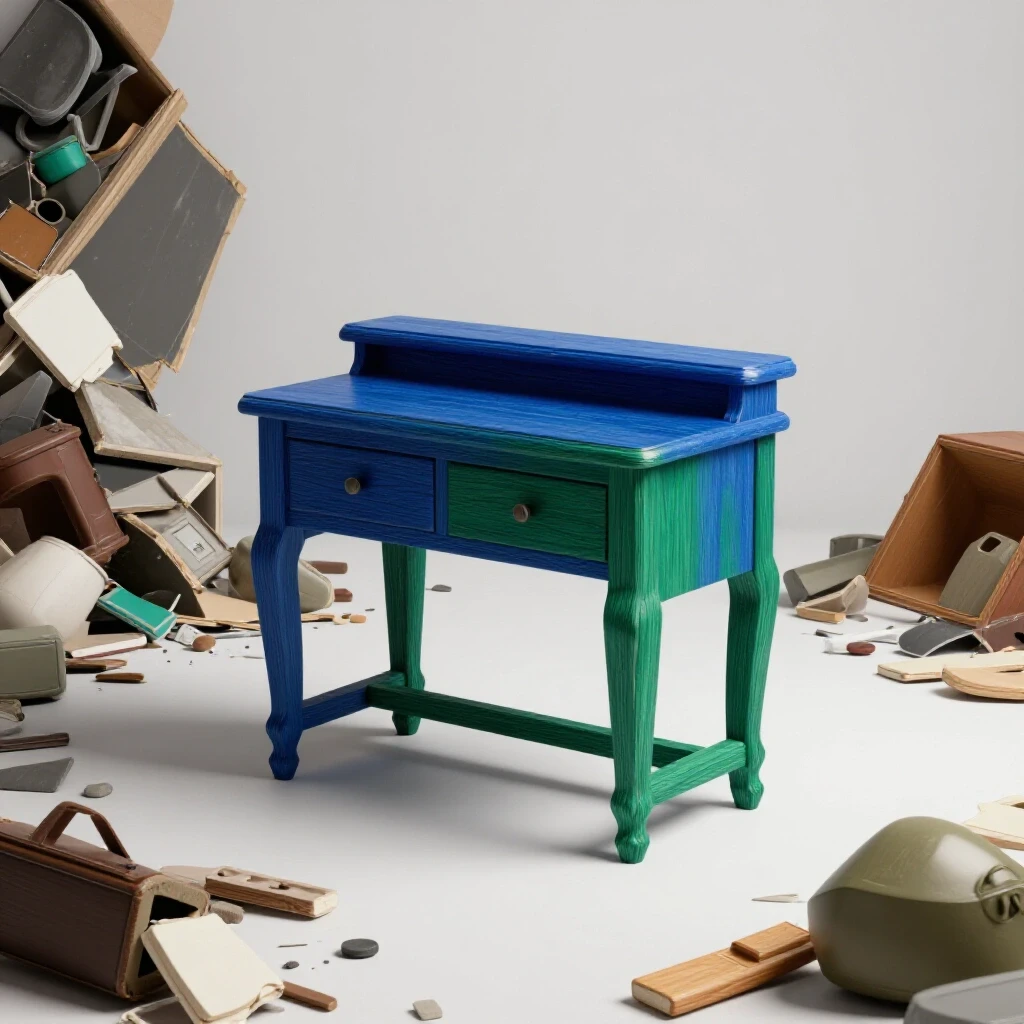 A contrasting scene showing a cluttered space filled with broken items beside a serene, decluttered area with a restored blue furniture piece.