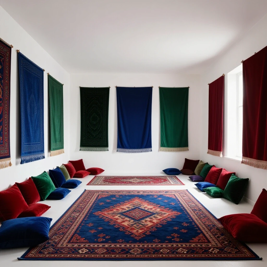 A bright, spacious room split between soft textures and bare surfaces, showcasing acoustic improvement elements.