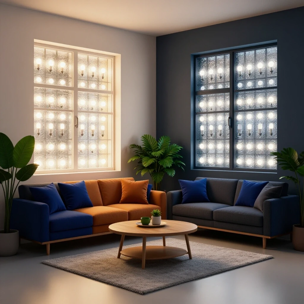 A cozy living room split between a warmly lit area showcasing comfort and a dimly lit section highlighting energy efficiency.