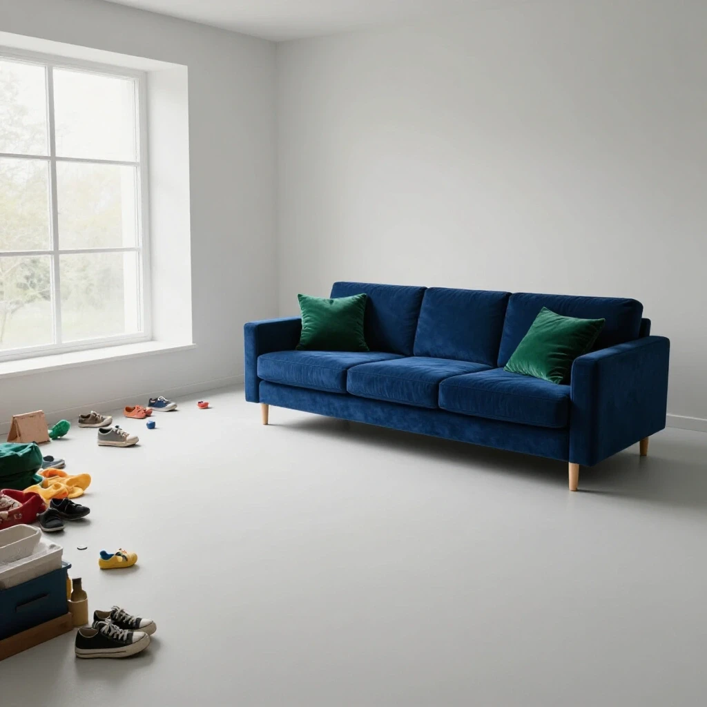 A peaceful living room scene showcasing a balanced minimalist design contrasted by scattered family items, symbolizing stress relief.