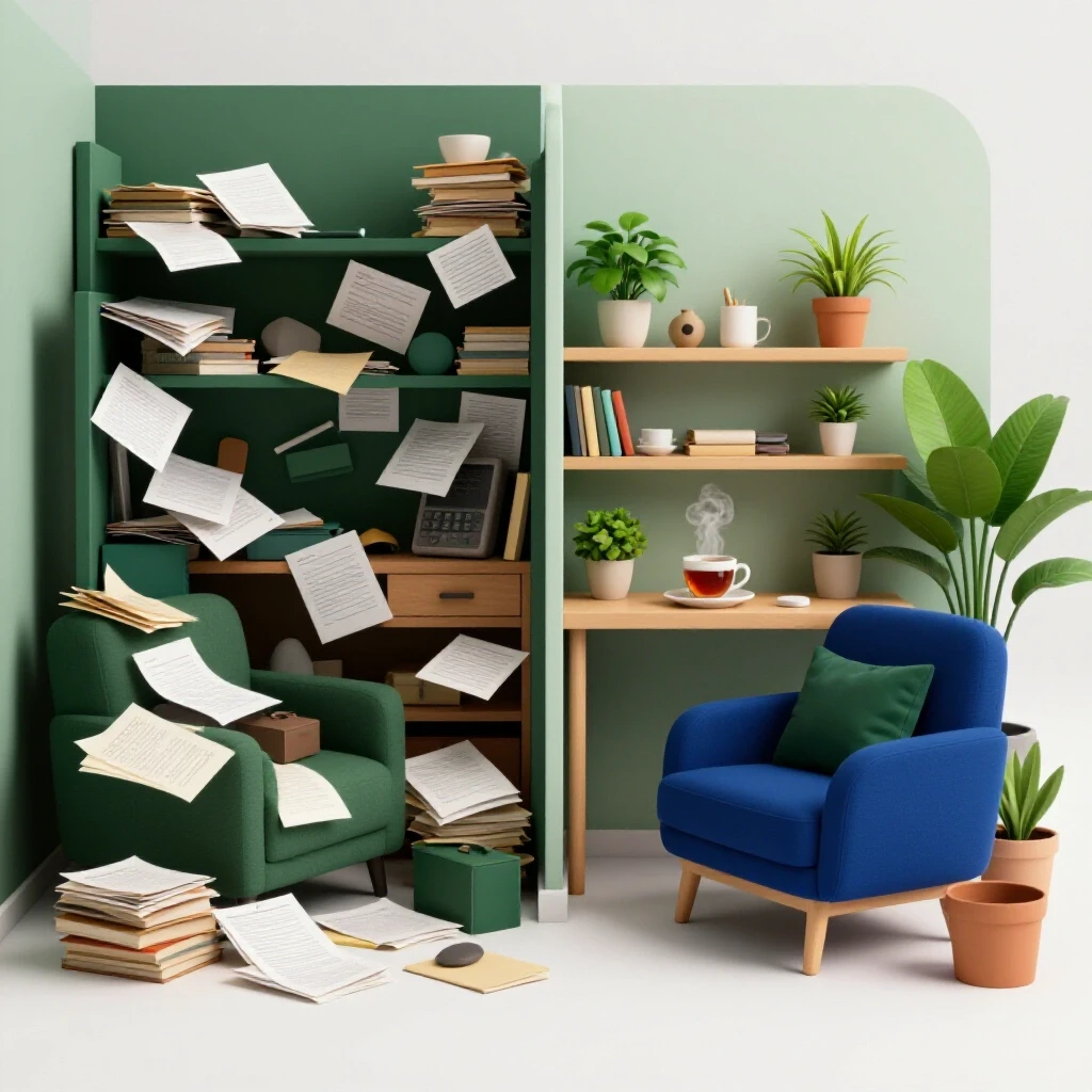 A visual contrast of a cluttered home versus a serene, organized living space, symbolizing stress relief for homeowners.