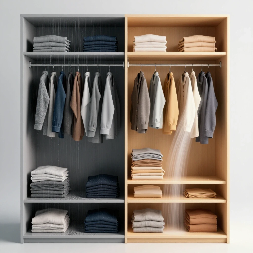 A split view of a closet: one side cluttered and damp, the other side bright and organized, showcasing humidity reduction methods.