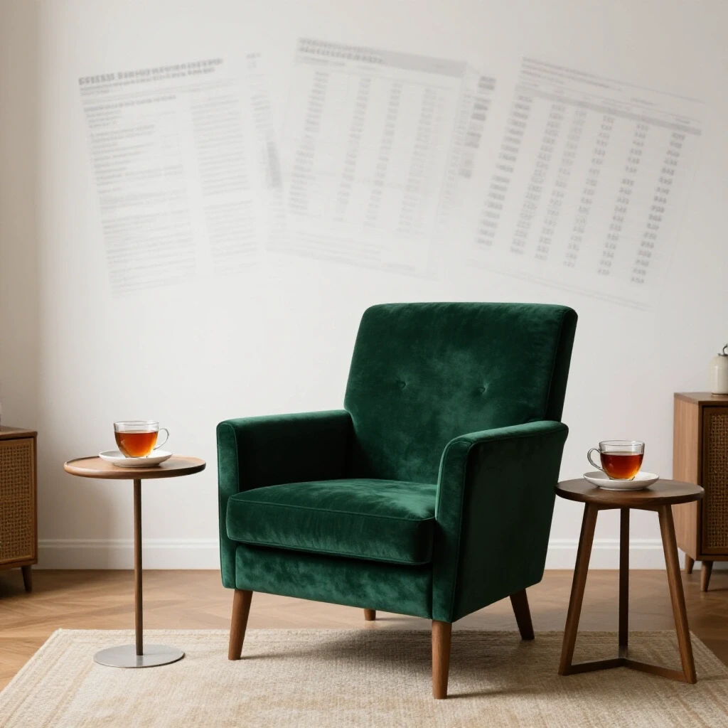 Cozy living room with an emerald armchair and tea, layered over a blurry chaotic financial document, symbolizing mortgage stress.