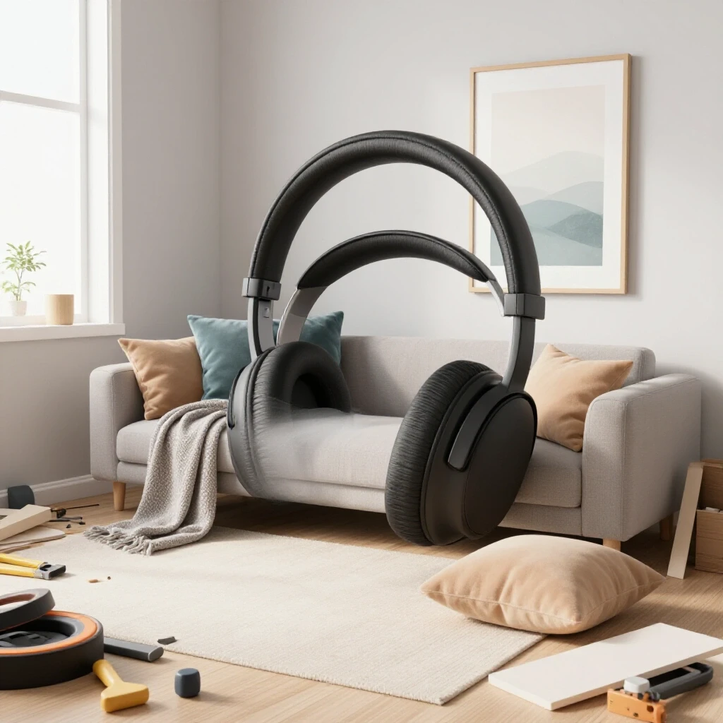 A serene living space contrast between a peaceful area with cozy decor elements and a cluttered renovation zone featuring soundproof headphones.
