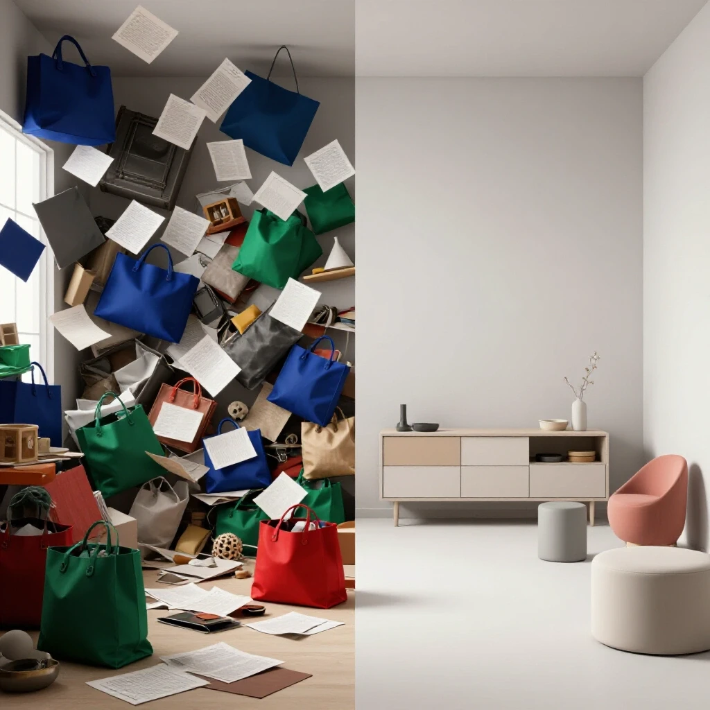A 3D render showing a chaotic room filled with clutter on one side, transitioning to a calm minimalist space on the other, illustrating the concept of decluttering.