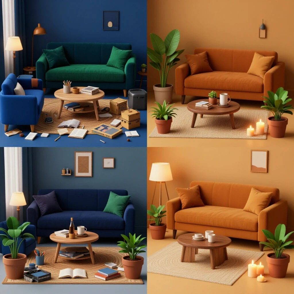 A contrasting image of a cluttered chaotic home on one side and a calm organized space on the other, symbolizing stress relief.