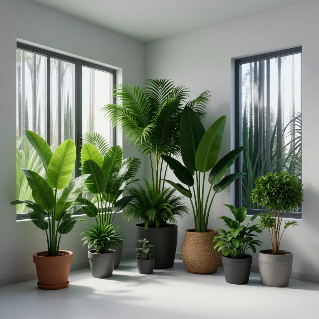 A cozy indoor space with lush plants and reflective windows demonstrating energy-efficient designs against a bright background.