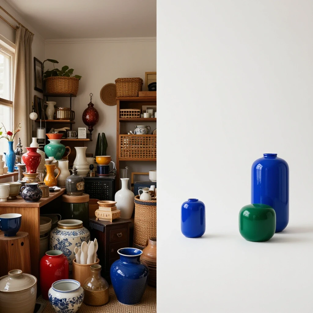 A split-image showcasing a messy room on one side and a peaceful, organized space on the other, illustrating clutter reduction.
