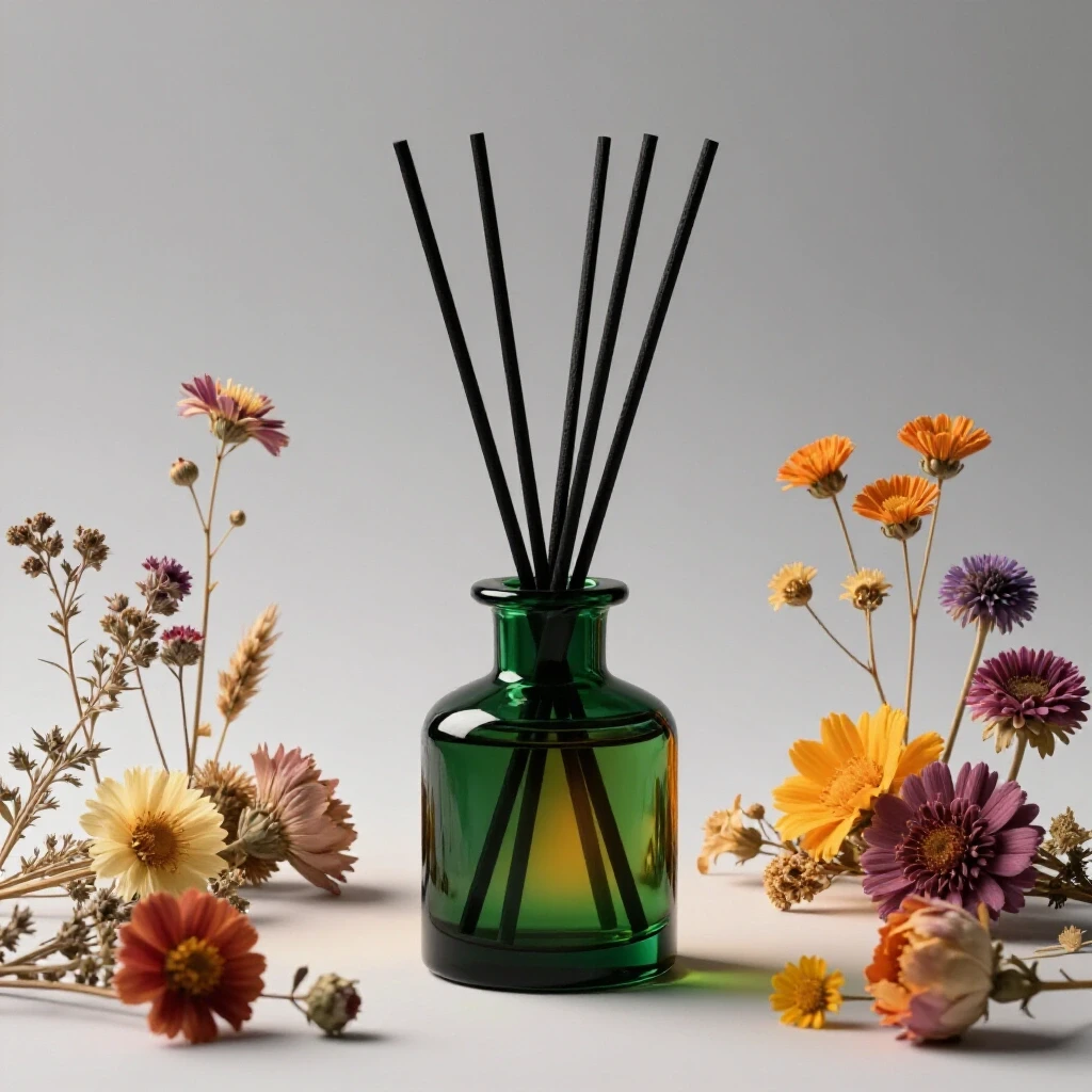 A beautifully styled reed diffuser surrounded by vibrant dried flowers and herbs, glowing warmly.