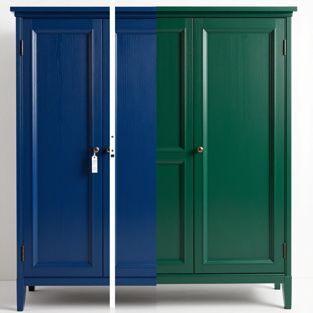 A visually striking comparison of a beautifully refaced cabinet and a sleek brand-new cabinet on a bright white background.