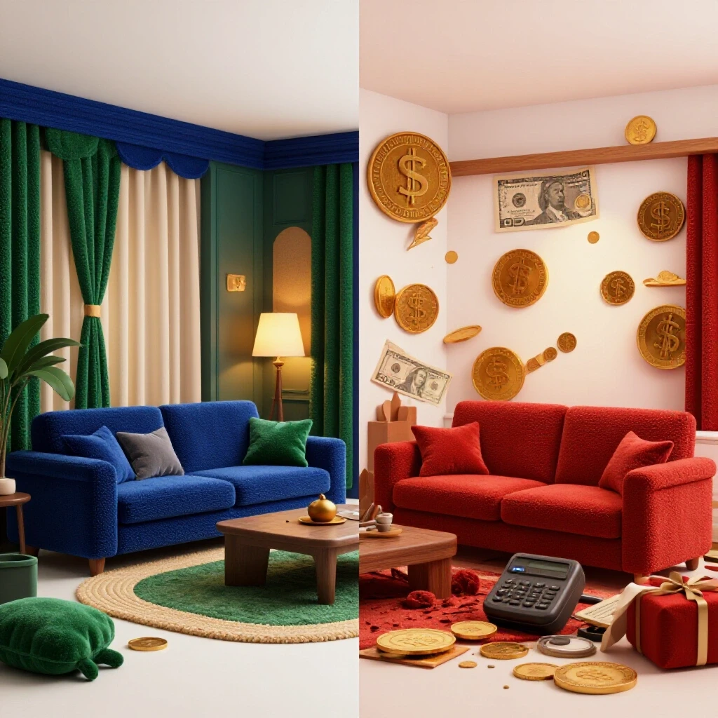 A split scene image showing a cozy stylish home on one side and a cluttered space on the other, symbolizing financial contrasts.