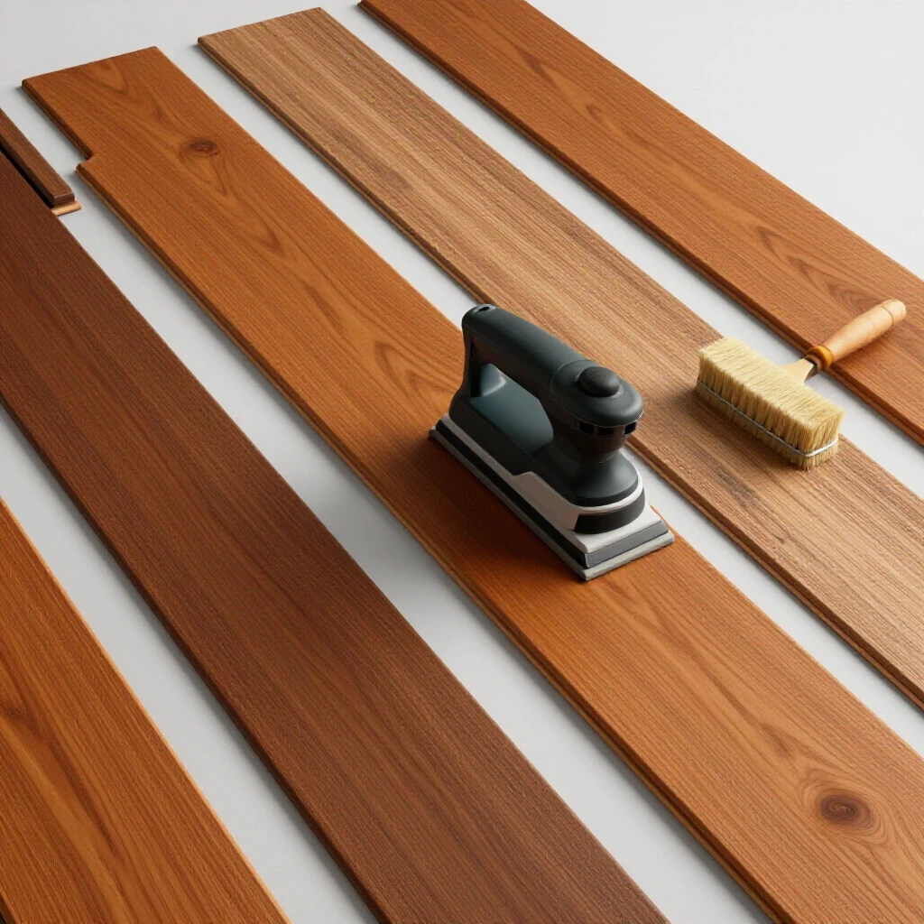 Close-up of partially refinished wood floor, showcasing polished and worn sections with tools for restoration.