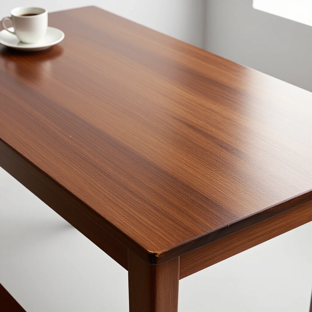 A close-up of a refinished table's glossy surface with wear marks, surrounded by a coffee cup and a book.