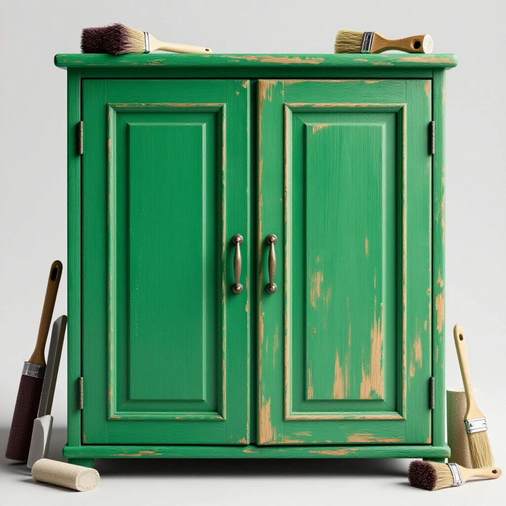 A fresh emerald green cabinet door contrasted with a faded cabinet, surrounded by painting tools like brushes and sandpaper.