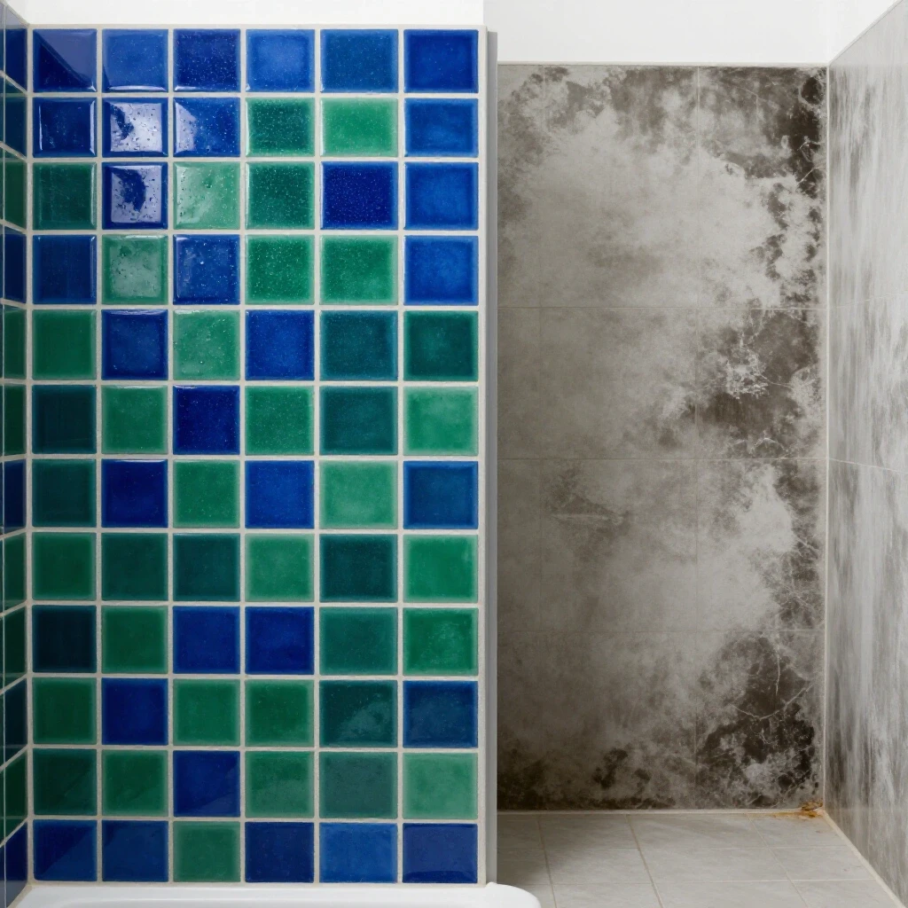 A split-image showing vibrant, newly tiled bathroom with glossy blue tiles and contrasting dull, worn-out grouted bathroom.