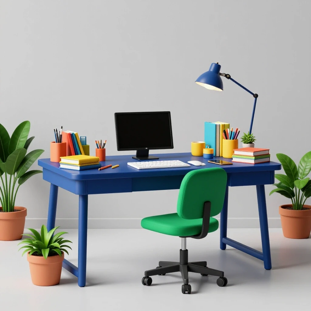 A vibrant and organized workspace with a blue desk and green chair, adorned with colorful learning tools and plants.