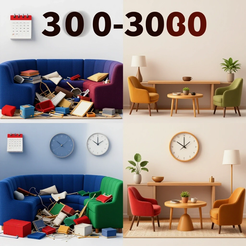 A striking visual comparison of a cluttered room transforming into an organized space, symbolizing a 30-day decluttering process.