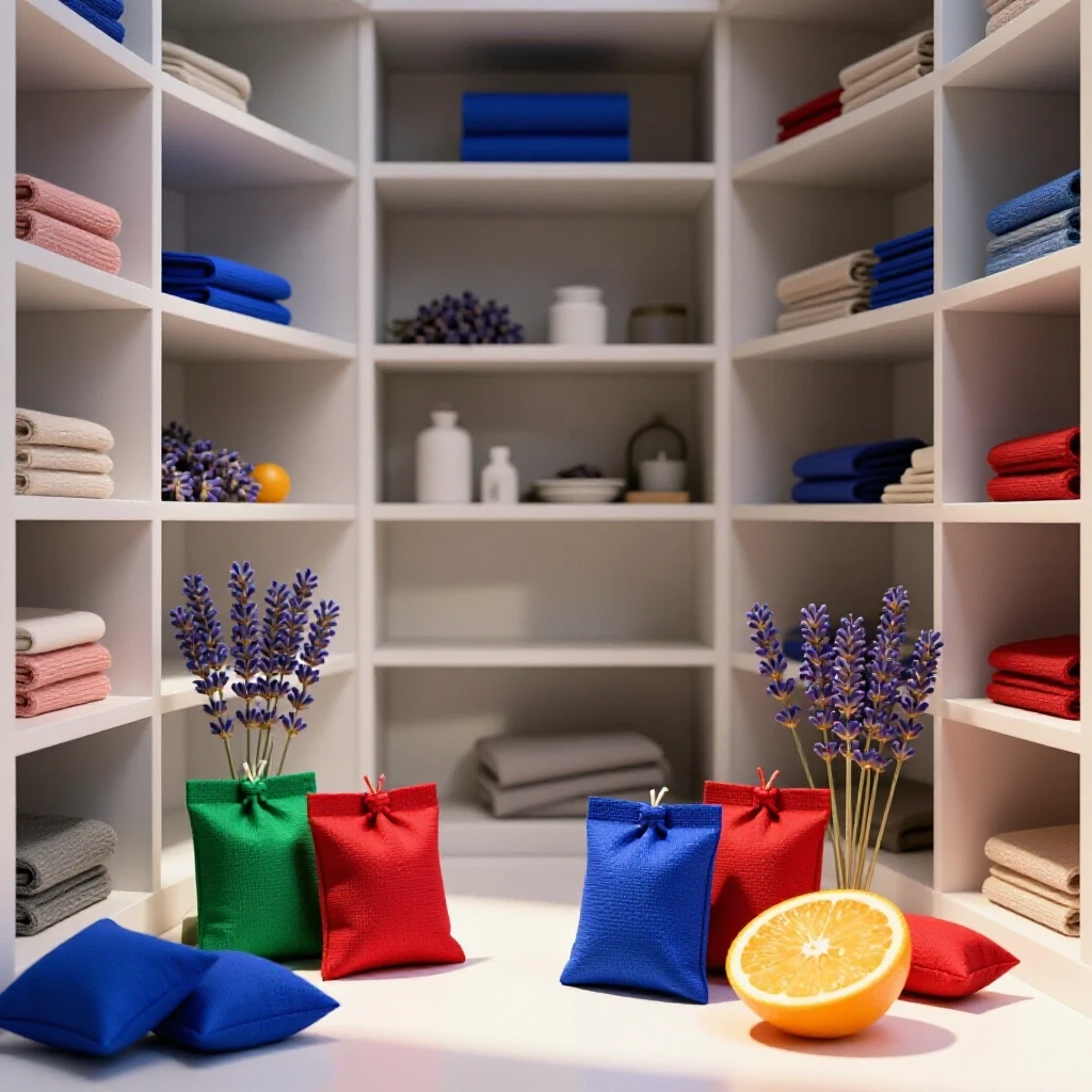 Bright, inviting closet with lavender sachets and citrus peels, contrasted with a shadowy, cluttered corner.