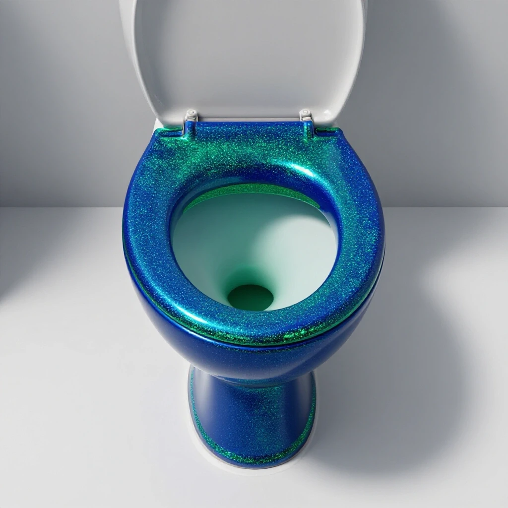 A vibrant, clean toilet bowl in deep blue surrounded by hints of rust, set against a bright studio background.