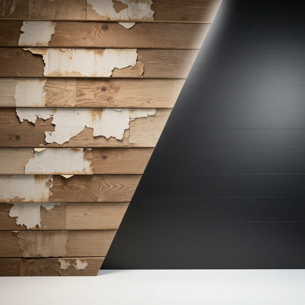 A visual representation of transformation, showing old peeling shiplap on one side and modern wall finish on the other, emphasizing renovation.